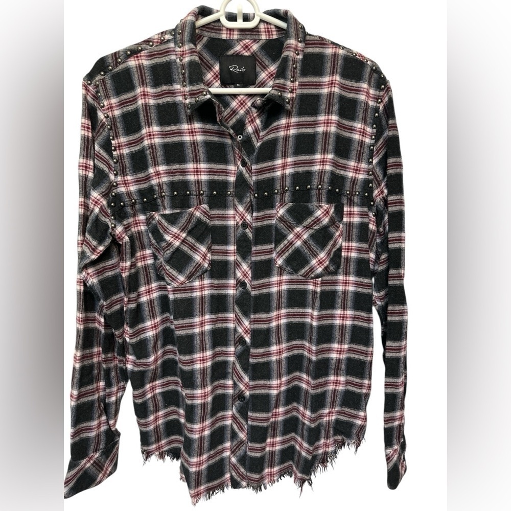 Rails Blouse Women's Studded Plaid Button Down Rex Charcoal Berry Blush